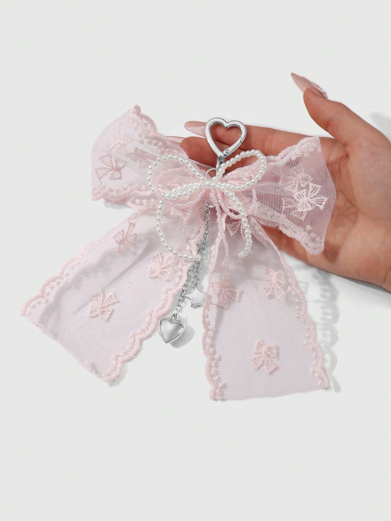 ROMWE Kawaii 1pc Korean Style Sweet & Delicate Versatile Simple High-Quality Handmade Beaded White Faux Pearl Crystal Net Yarn Embroidery Ribbon Bow Chain CCB Star Heart Pendant Keychain Bag Charm, Su