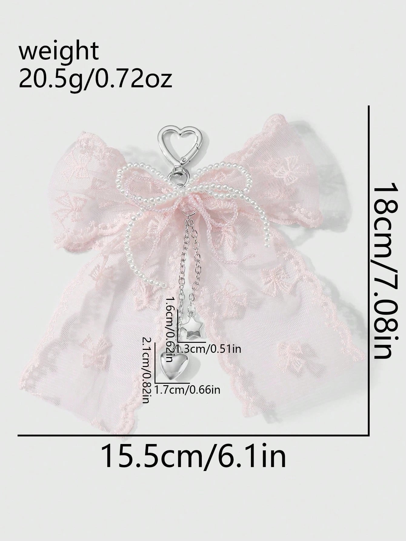 ROMWE Kawaii 1pc Korean Style Sweet & Delicate Versatile Simple High-Quality Handmade Beaded White Faux Pearl Crystal Net Yarn Embroidery Ribbon Bow Chain CCB Star Heart Pendant Keychain Bag Charm, Su