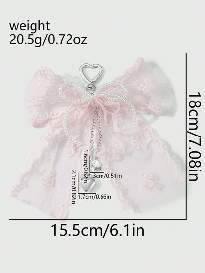 ROMWE Kawaii 1pc Korean Style Sweet & Delicate Versatile Simple High-Quality Handmade Beaded White Faux Pearl Crystal Net Yarn Embroidery Ribbon Bow Chain CCB Star Heart Pendant Keychain Bag Charm, Su