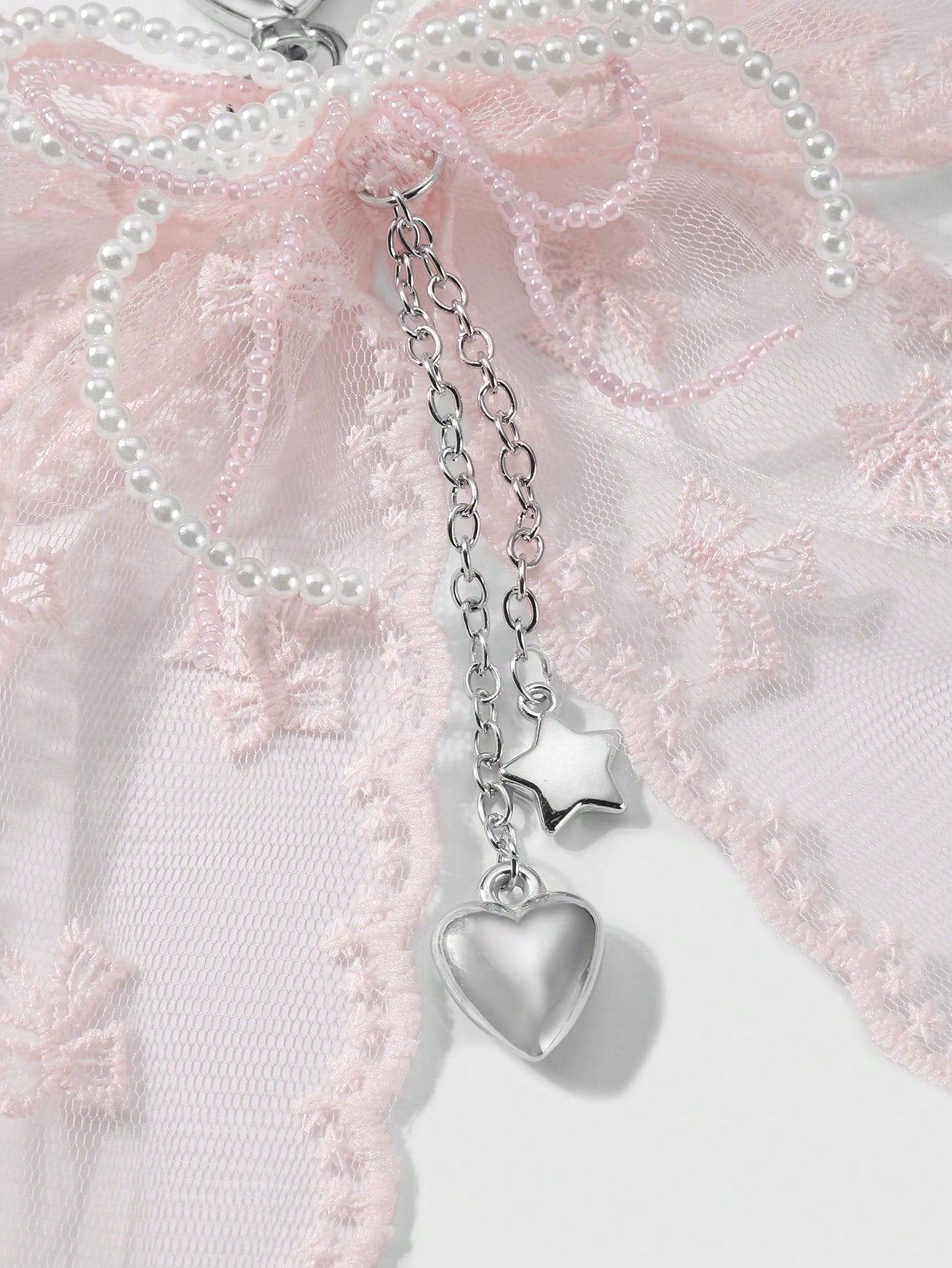 ROMWE Kawaii 1pc Korean Style Sweet & Delicate Versatile Simple High-Quality Handmade Beaded White Faux Pearl Crystal Net Yarn Embroidery Ribbon Bow Chain CCB Star Heart Pendant Keychain Bag Charm, Su