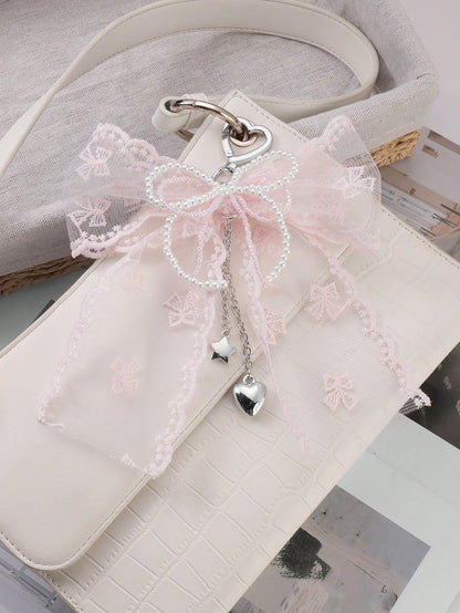 ROMWE Kawaii 1pc Korean Style Sweet & Delicate Versatile Simple High-Quality Handmade Beaded White Faux Pearl Crystal Net Yarn Embroidery Ribbon Bow Chain CCB Star Heart Pendant Keychain Bag Charm, Su