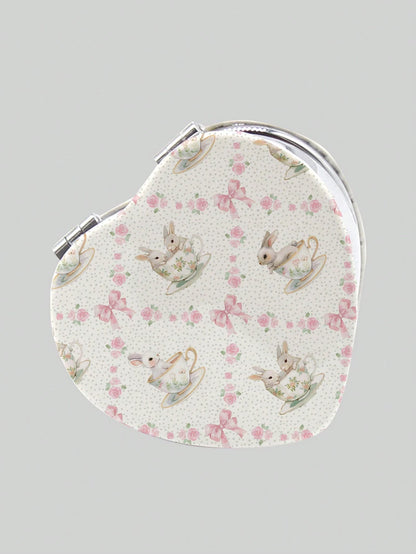 ROMWE Kawaii 1pc Rabbit Heart-Shaped PU Pattern Cosmetic Mirror, Portable Hand Held Mirror For Girls (Pattern Position Random)
