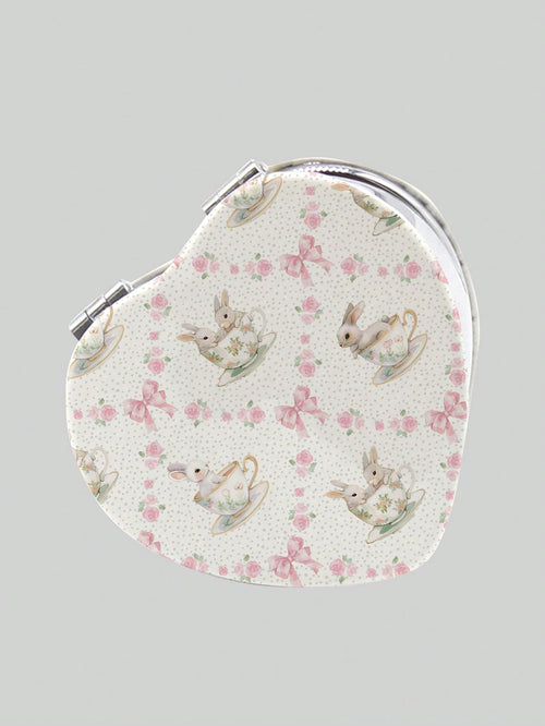 ROMWE Kawaii 1pc Rabbit Heart-Shaped PU Pattern Cosmetic Mirror, Portable Hand Held Mirror For Girls (Pattern Position Random)