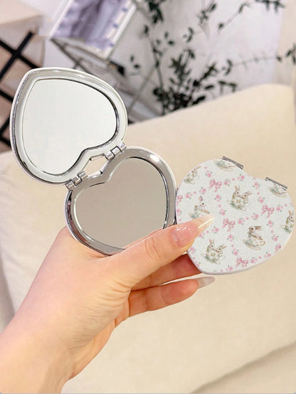 ROMWE Kawaii 1pc Rabbit Heart-Shaped PU Pattern Cosmetic Mirror, Portable Hand Held Mirror For Girls (Pattern Position Random)
