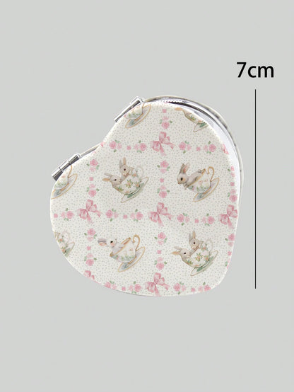 ROMWE Kawaii 1pc Rabbit Heart-Shaped PU Pattern Cosmetic Mirror, Portable Hand Held Mirror For Girls (Pattern Position Random)
