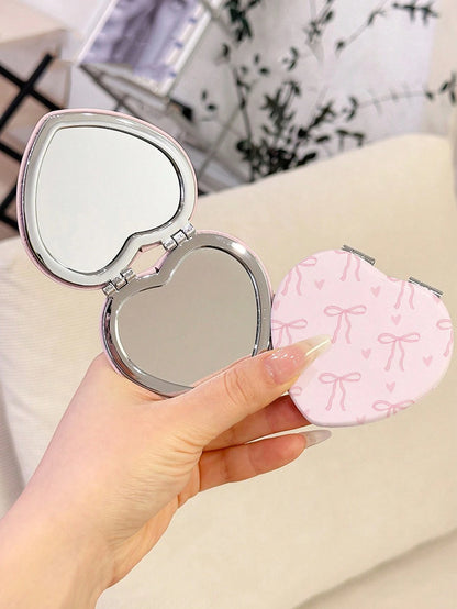 ROMWE Kawaii 1pc Rabbit Heart-Shaped PU Pattern Cosmetic Mirror, Portable Hand Held Mirror For Girls (Pattern Position Random)