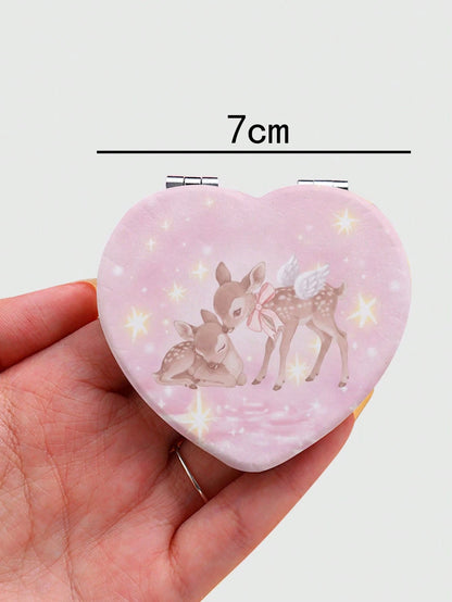 ROMWE Kawaii 1pc Rabbit Heart-Shaped PU Pattern Cosmetic Mirror, Portable Hand Held Mirror For Girls (Pattern Position Random)