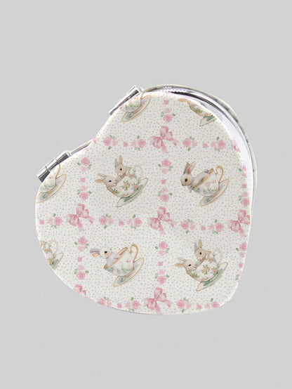 ROMWE Kawaii 1pc Rabbit Heart-Shaped PU Pattern Cosmetic Mirror, Portable Hand Held Mirror For Girls (Pattern Position Random)
