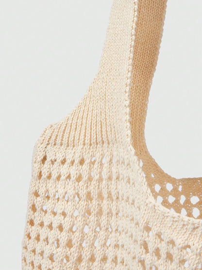 ROMWE Kawaii Back To School Season, Plus Size Women Handbag, Women Knitted Shoulder Bag, Vintage Hollow Out Woven Large Capacity Floral Decor Tote Bag, Crochet Bag, Women Crochet Bag, Summer Beach Tot