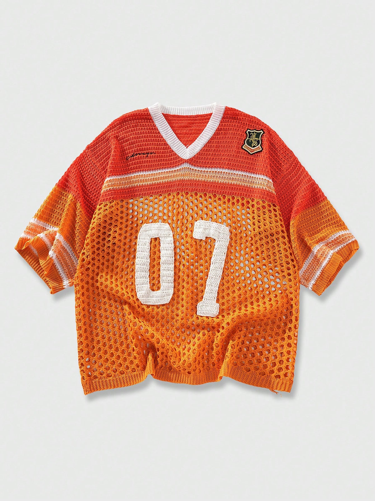 ROMWE MEN Prep World Cup Men's Contrast Color Hollow Digit Pattern V-Neck Short Sleeve Knit Top