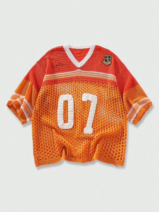 ROMWE MEN Prep World Cup Men's Contrast Color Hollow Digit Pattern V-Neck Short Sleeve Knit Top