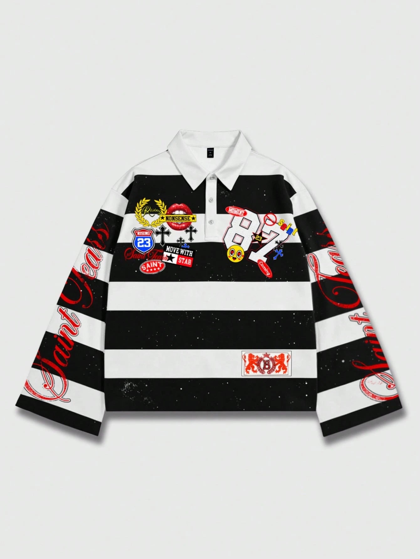 ROMWE MEN Spring Casual Graphic Men Striped Collar Prep Long Sleeve Printed T-Shirt, Casual College Style Top, Fall