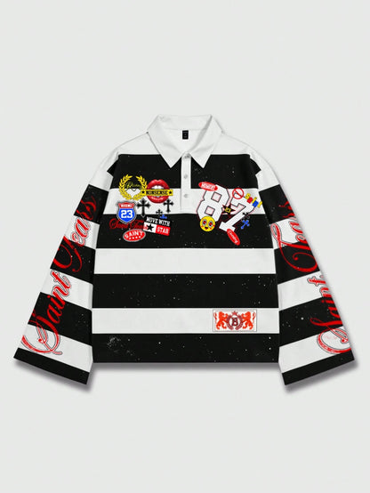 ROMWE MEN Spring Casual Graphic Men Striped Collar Prep Long Sleeve Printed T-Shirt, Casual College Style Top, Fall