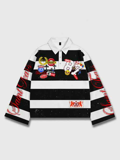 ROMWE MEN Spring Casual Graphic Men Striped Collar Prep Long Sleeve Printed T-Shirt, Casual College Style Top, Fall