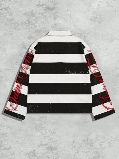 ROMWE MEN Spring Casual Graphic Men Striped Collar Prep Long Sleeve Printed T-Shirt, Casual College Style Top, Fall