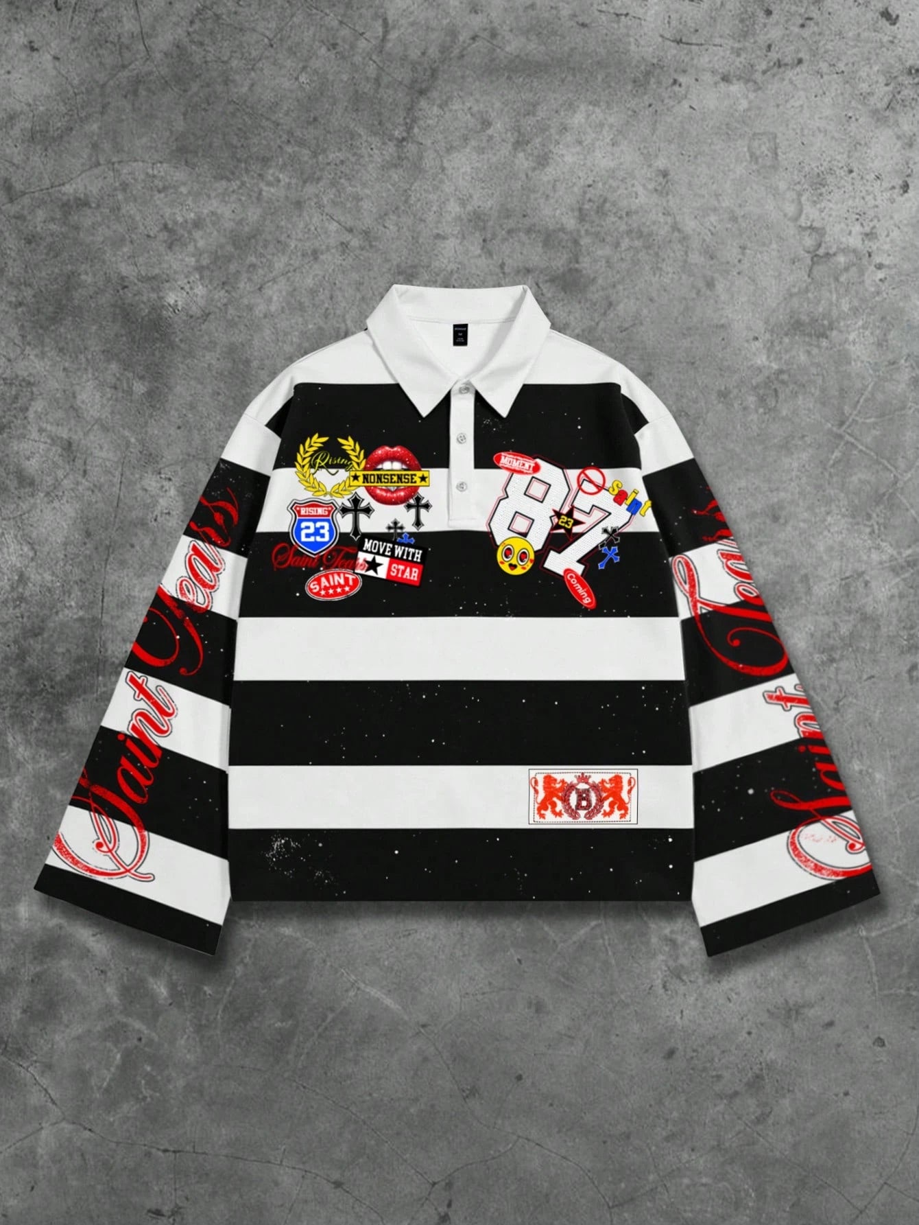 ROMWE MEN Spring Casual Graphic Men Striped Collar Prep Long Sleeve Printed T-Shirt, Casual College Style Top, Fall