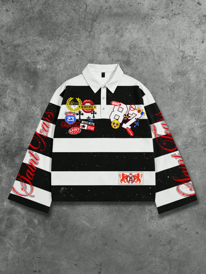 ROMWE MEN Spring Casual Graphic Men Striped Collar Prep Long Sleeve Printed T-Shirt, Casual College Style Top, Fall