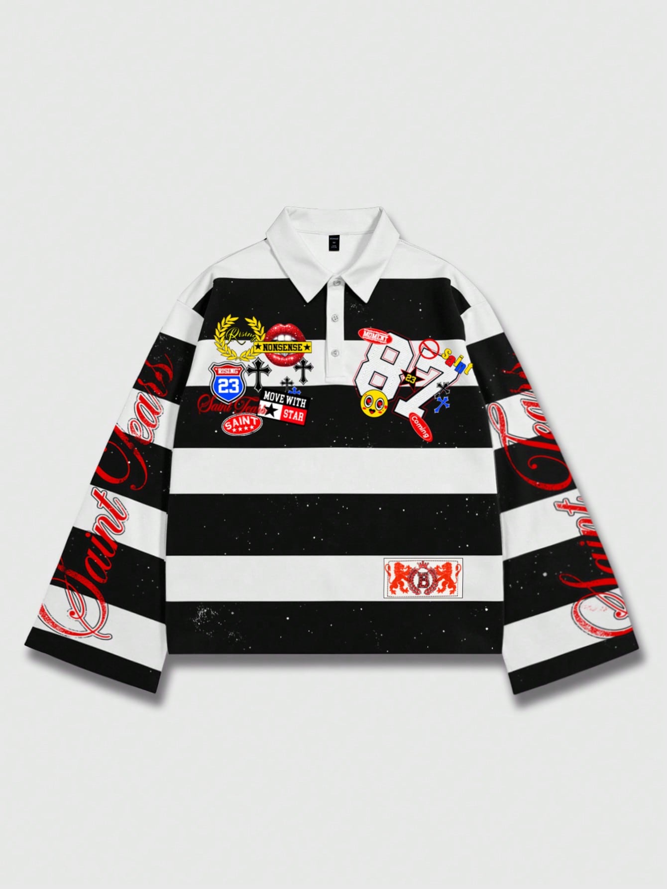 ROMWE MEN Spring Casual Graphic Men Striped Collar Prep Long Sleeve Printed T-Shirt, Casual College Style Top, Fall