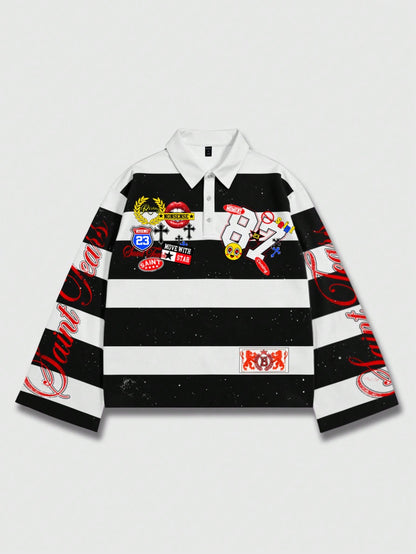 ROMWE MEN Spring Casual Graphic Men Striped Collar Prep Long Sleeve Printed T-Shirt, Casual College Style Top, Fall