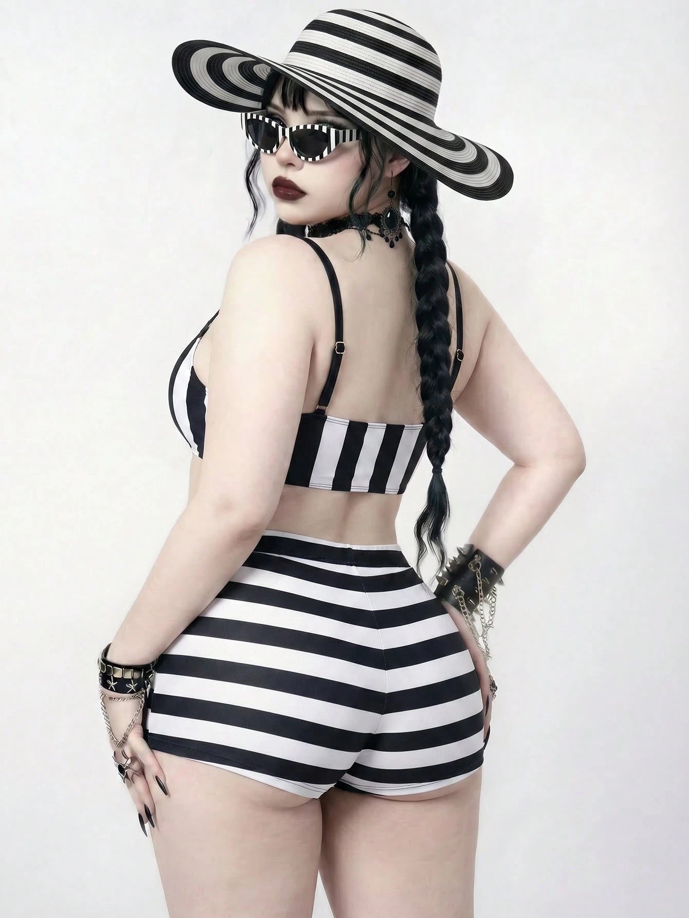 ROMWE Plus Size Women's Color Block Halter Bikini Top And Triangle Bottoms Swimwear Set, Suitable For Summer Vacation Beach Goth