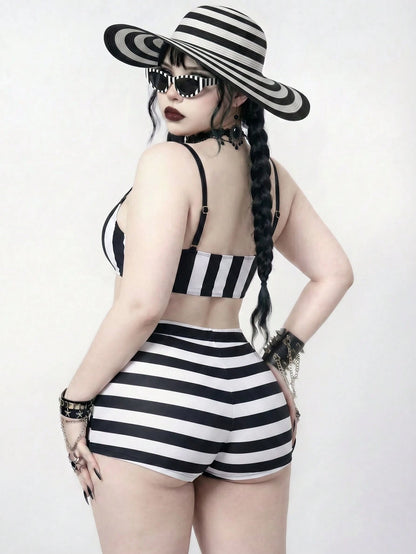 ROMWE Plus Size Women's Color Block Halter Bikini Top And Triangle Bottoms Swimwear Set, Suitable For Summer Vacation Beach Goth