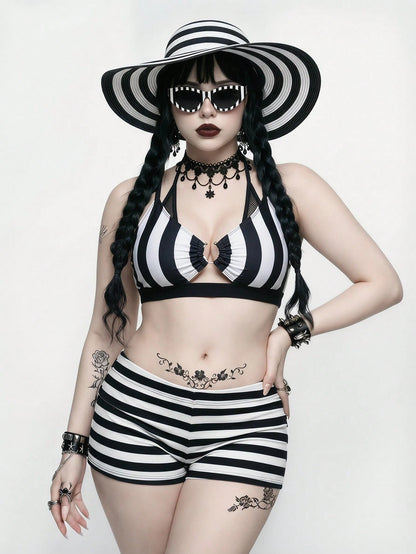ROMWE Plus Size Women's Color Block Halter Bikini Top And Triangle Bottoms Swimwear Set, Suitable For Summer Vacation Beach Goth