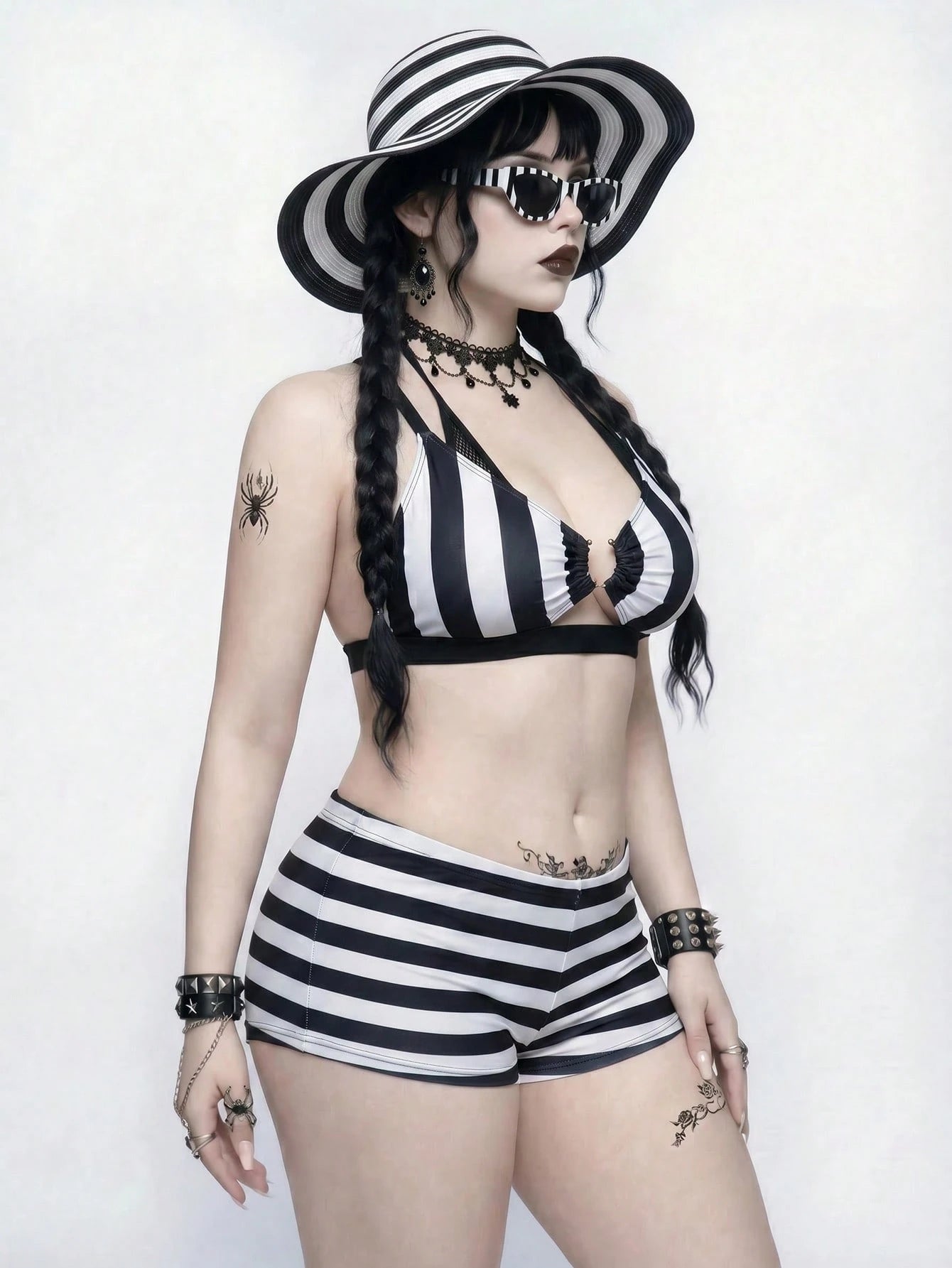 ROMWE Plus Size Women's Color Block Halter Bikini Top And Triangle Bottoms Swimwear Set, Suitable For Summer Vacation Beach Goth