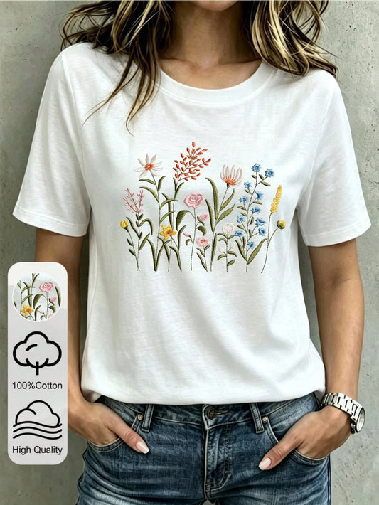 RosyDaze 100% Cotton Comfortable Wild Flower Plant Oversized Embroidered T-Shirt, Floral Embroidered T-Shirt, Round Neck Short Sleeve T-Shirt For Summer