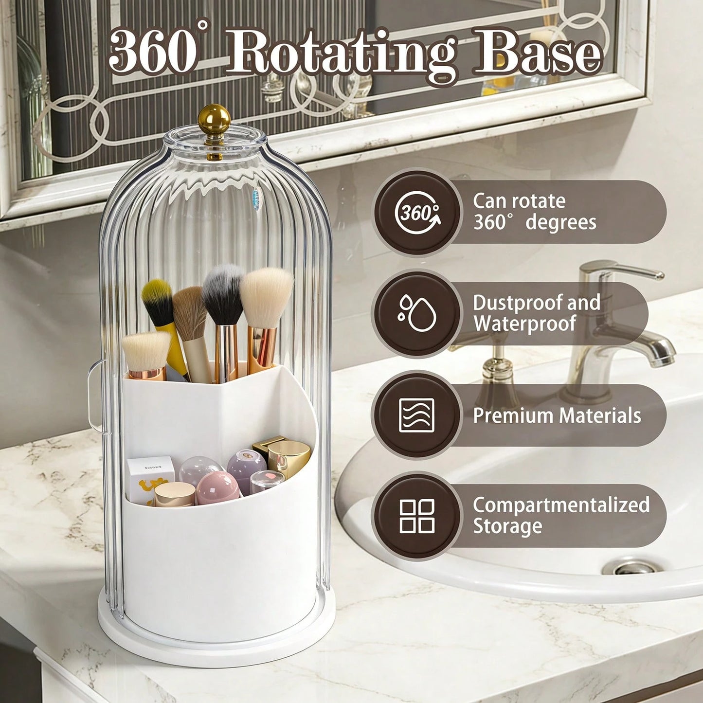 Rotating Makeup Brush Holder With Lid,Makeup Organizer With Cover,Dustproof Makeup Organizer,360 Rotating Makeup Organizer,Makeup Brush Storage Box,Vanity Organizer,Makeup Organizer Box,Cosmetic Stora