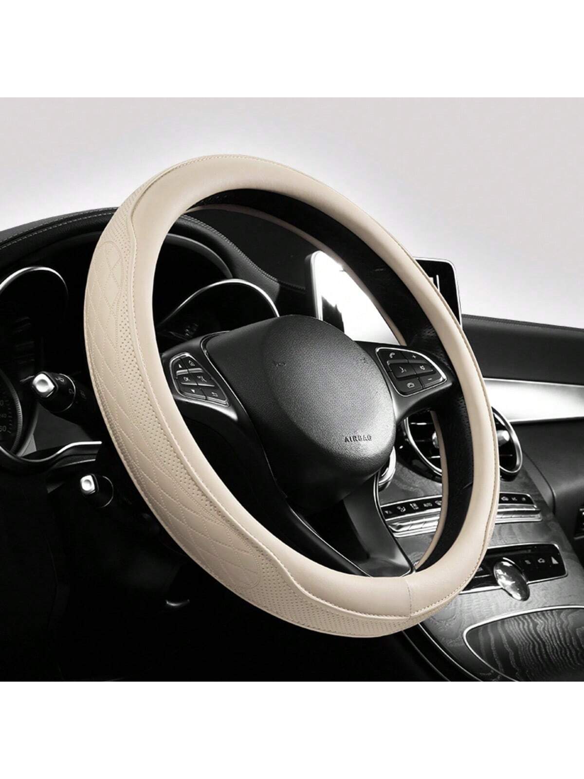 Round PU Leather Perforated Steering Wheel Cover Durable Leather Cover With Anti-Slip Lining, Fits 14.5-15in Diameter