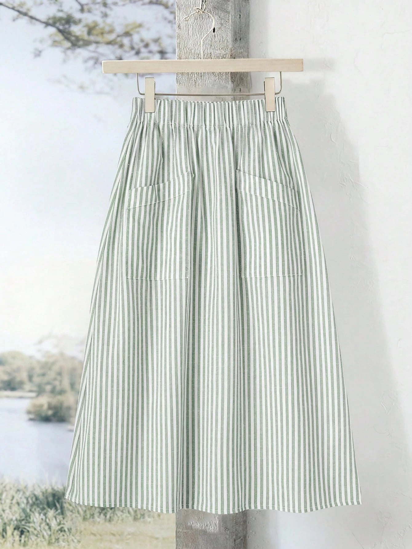 Rusticease Women's Casual Blue White Stripe Print Pocket A-Line Skirt Vacation Autumn