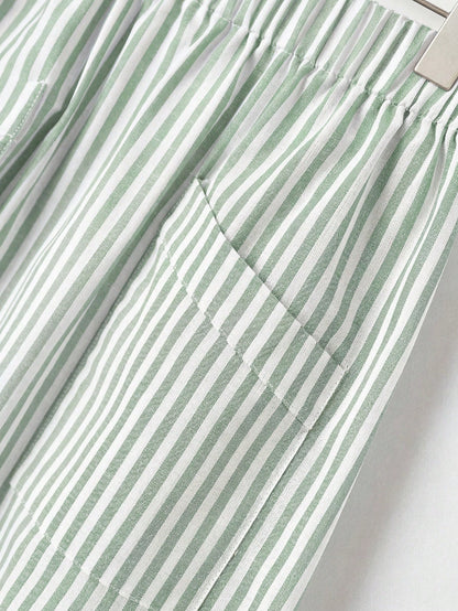 Rusticease Women's Casual Blue White Stripe Print Pocket A-Line Skirt Vacation Autumn