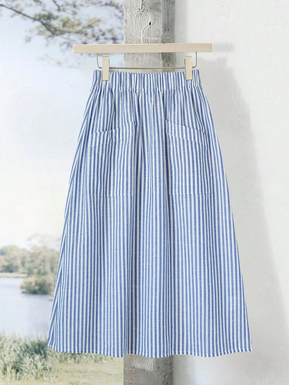 Rusticease Women's Casual Blue White Stripe Print Pocket A-Line Skirt Vacation Autumn