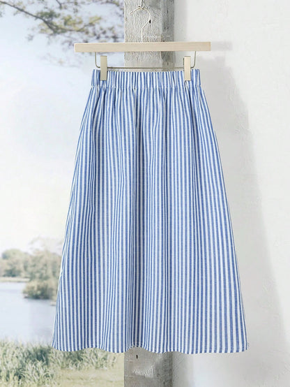 Rusticease Women's Casual Blue White Stripe Print Pocket A-Line Skirt Vacation Autumn