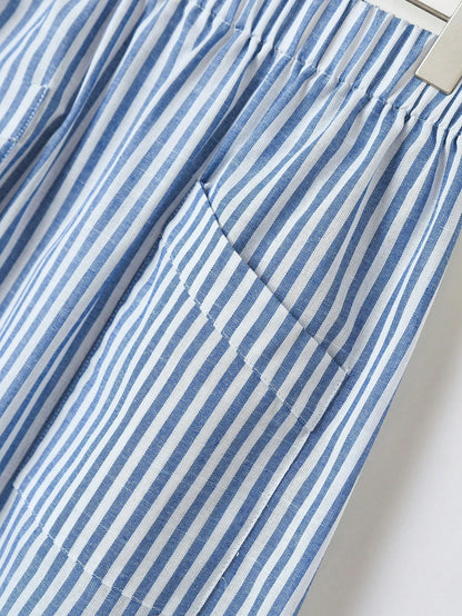 Rusticease Women's Casual Blue White Stripe Print Pocket A-Line Skirt Vacation Autumn