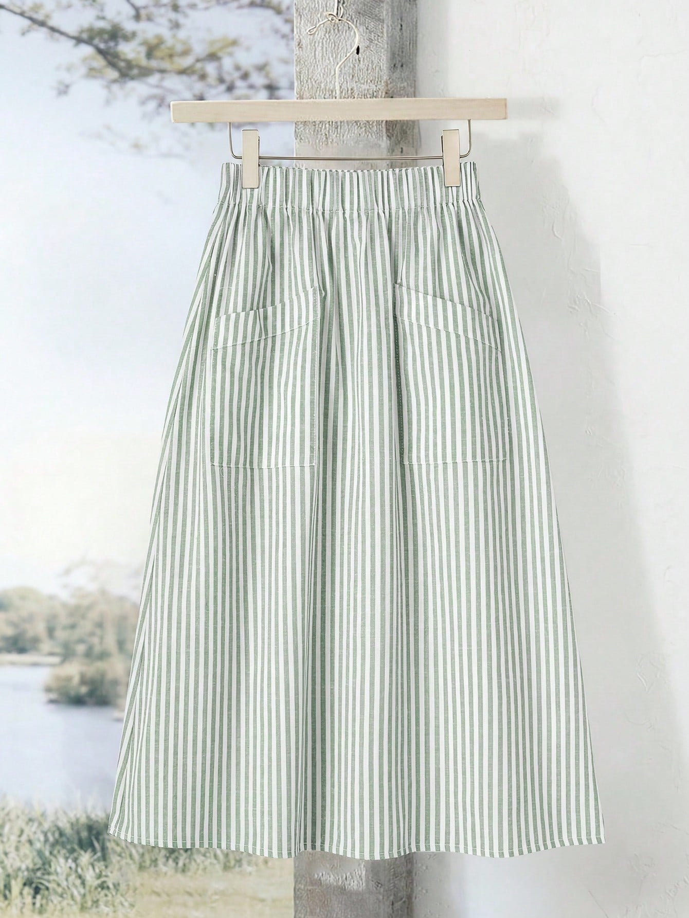Rusticease Women's Casual Blue White Stripe Print Pocket A-Line Skirt Vacation Autumn