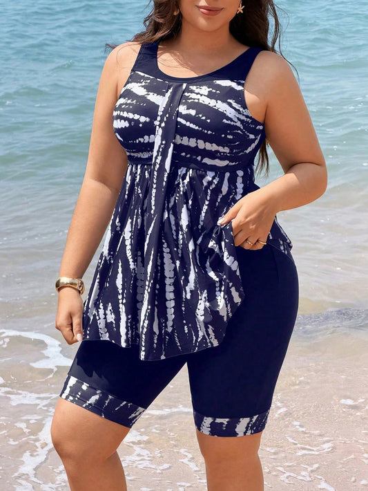 S Size Women's Tankini Swimwear Two Pieces Set, Backless Tankinis With Skirt, Solid Black Patchwork Digital Print, Suitable For Beach, Party, Vacation