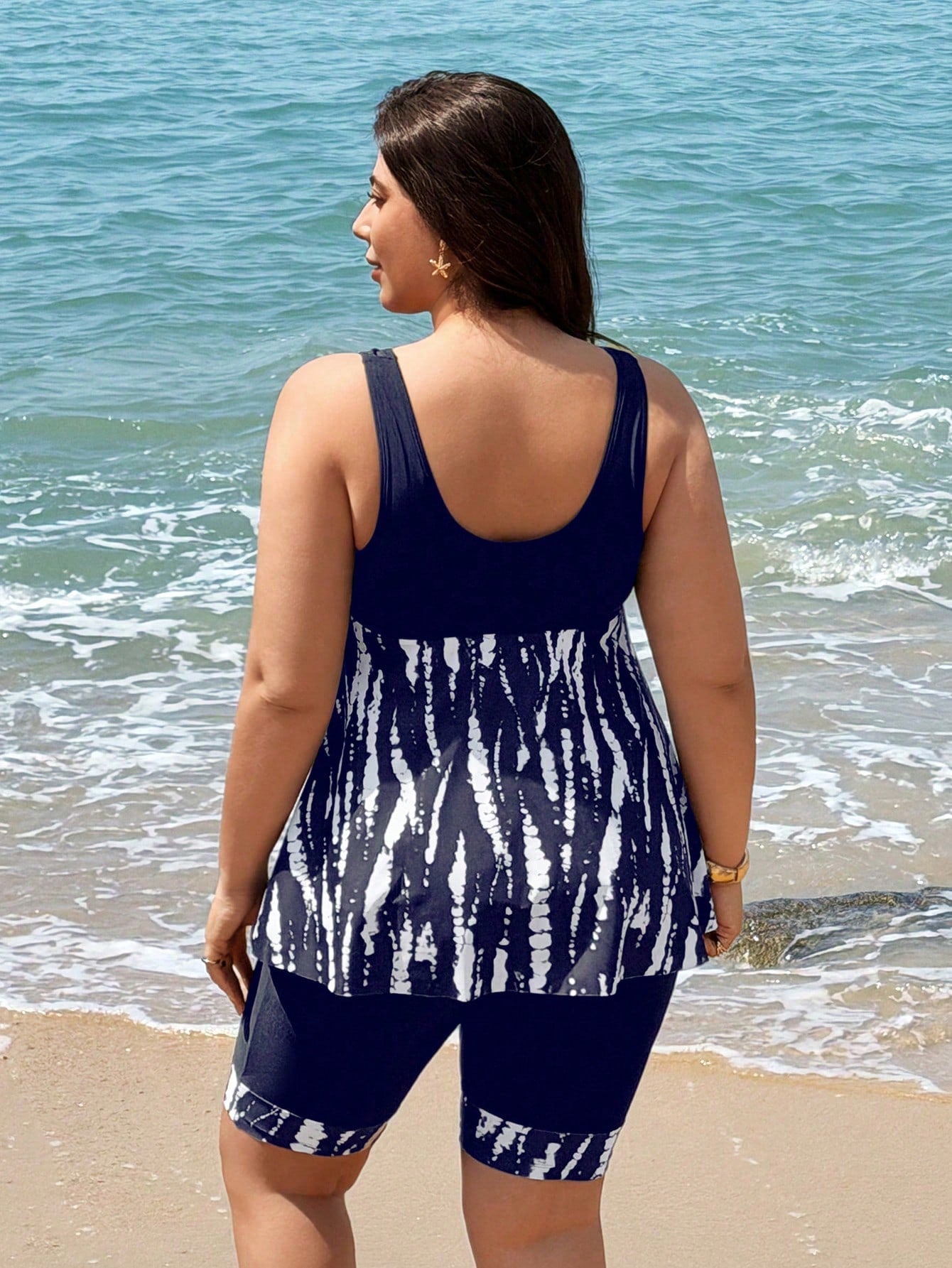 S Size Women's Tankini Swimwear Two Pieces Set, Backless Tankinis With Skirt, Solid Black Patchwork Digital Print, Suitable For Beach, Party, Vacation