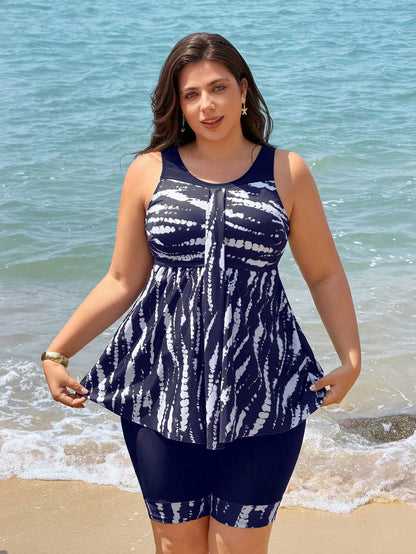 S Size Women's Tankini Swimwear Two Pieces Set, Backless Tankinis With Skirt, Solid Black Patchwork Digital Print, Suitable For Beach, Party, Vacation