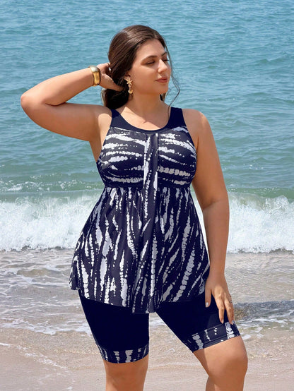 S Size Women's Tankini Swimwear Two Pieces Set, Backless Tankinis With Skirt, Solid Black Patchwork Digital Print, Suitable For Beach, Party, Vacation