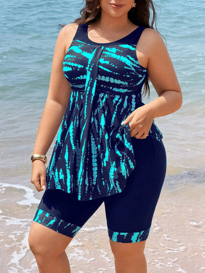 S Size Women's Tankini Swimwear Two Pieces Set, Backless Tankinis With Skirt, Solid Black Patchwork Digital Print, Suitable For Beach, Party, Vacation