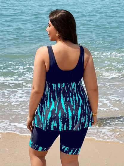 S Size Women's Tankini Swimwear Two Pieces Set, Backless Tankinis With Skirt, Solid Black Patchwork Digital Print, Suitable For Beach, Party, Vacation