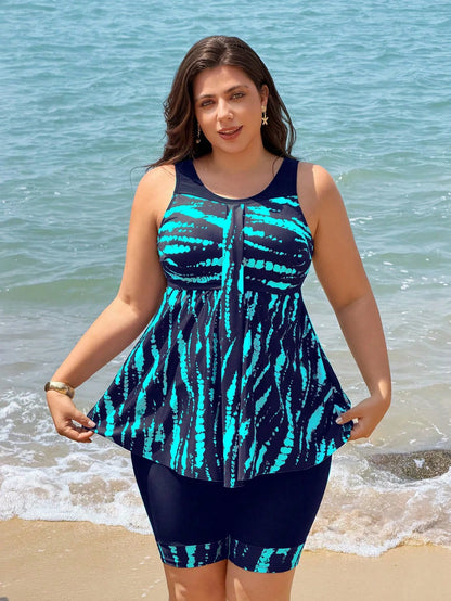 S Size Women's Tankini Swimwear Two Pieces Set, Backless Tankinis With Skirt, Solid Black Patchwork Digital Print, Suitable For Beach, Party, Vacation