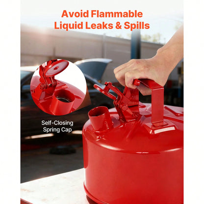 Safety Gas Can, 2.5 Gallon Type I Red Safety Can For Gasoline With Stainless Steel Flame Arrester, Self-Closing Lid, And PE Funnel, Carbon Steel Flammable Storage Container With Ergonomic Handle