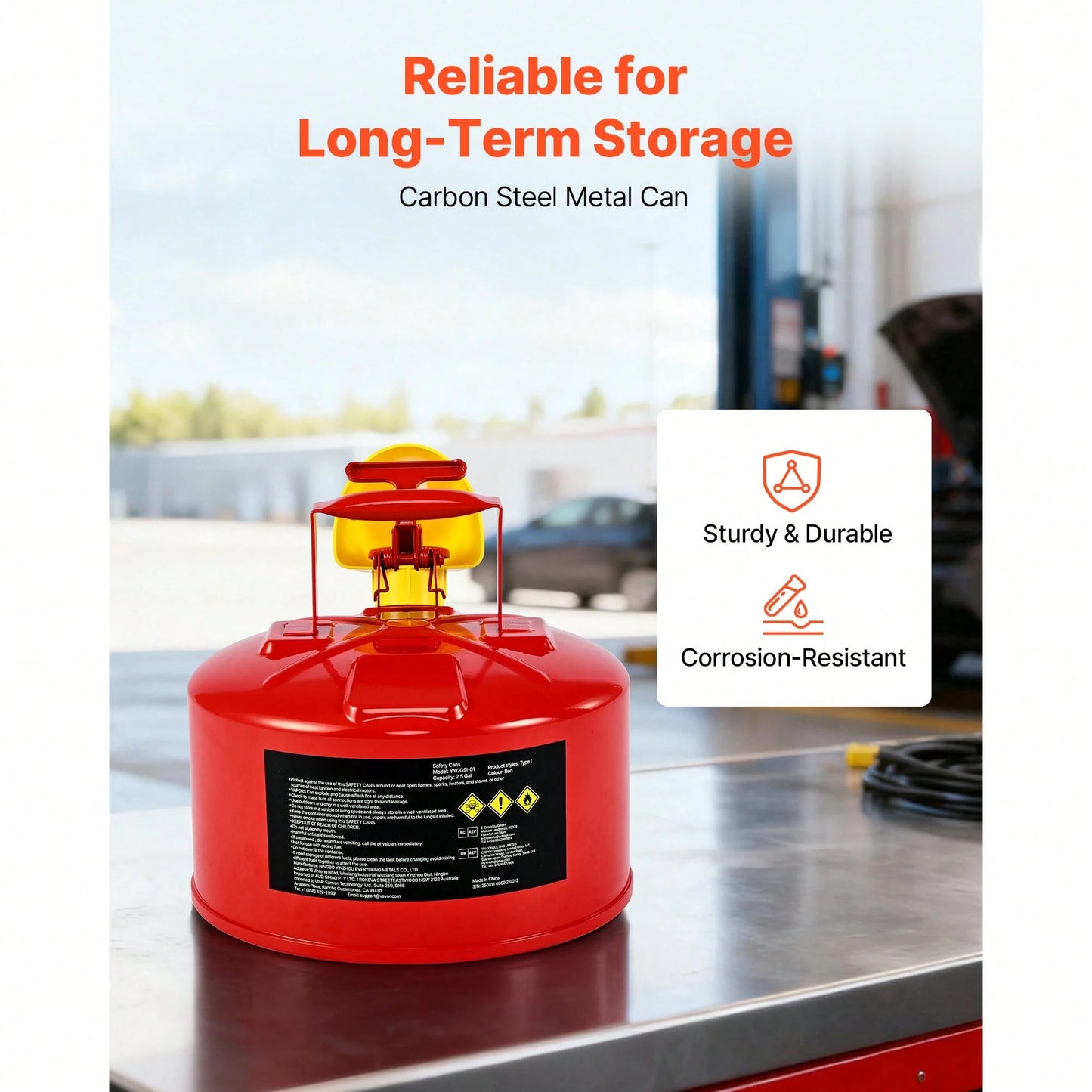 Safety Gas Can, 2.5 Gallon Type I Red Safety Can For Gasoline With Stainless Steel Flame Arrester, Self-Closing Lid, And PE Funnel, Carbon Steel Flammable Storage Container With Ergonomic Handle
