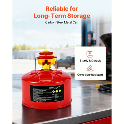 Safety Gas Can, 2.5 Gallon Type I Red Safety Can For Gasoline With Stainless Steel Flame Arrester, Self-Closing Lid, And PE Funnel, Carbon Steel Flammable Storage Container With Ergonomic Handle