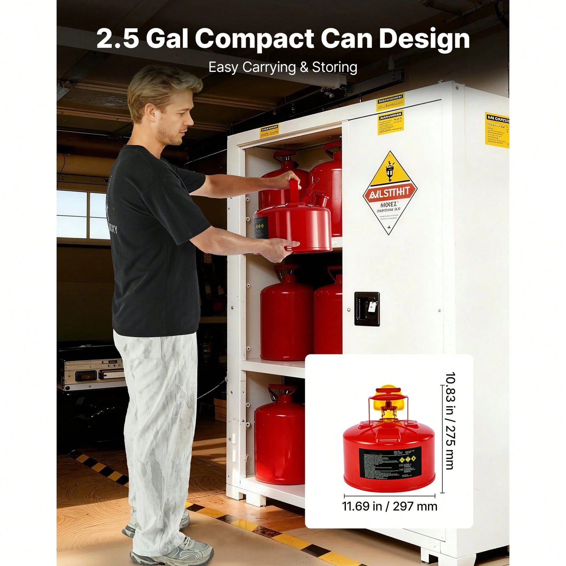 Safety Gas Can, 2.5 Gallon Type I Red Safety Can For Gasoline With Stainless Steel Flame Arrester, Self-Closing Lid, And PE Funnel, Carbon Steel Flammable Storage Container With Ergonomic Handle