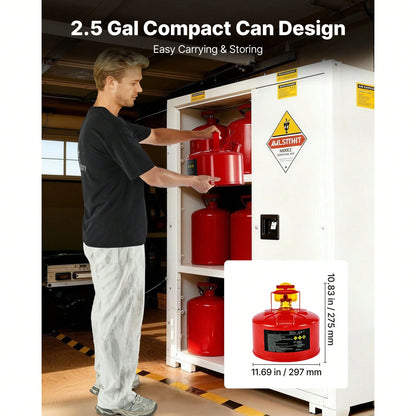 Safety Gas Can, 2.5 Gallon Type I Red Safety Can For Gasoline With Stainless Steel Flame Arrester, Self-Closing Lid, And PE Funnel, Carbon Steel Flammable Storage Container With Ergonomic Handle