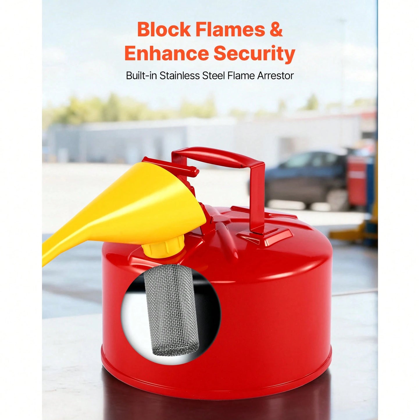 Safety Gas Can, 2.5 Gallon Type I Red Safety Can For Gasoline With Stainless Steel Flame Arrester, Self-Closing Lid, And PE Funnel, Carbon Steel Flammable Storage Container With Ergonomic Handle