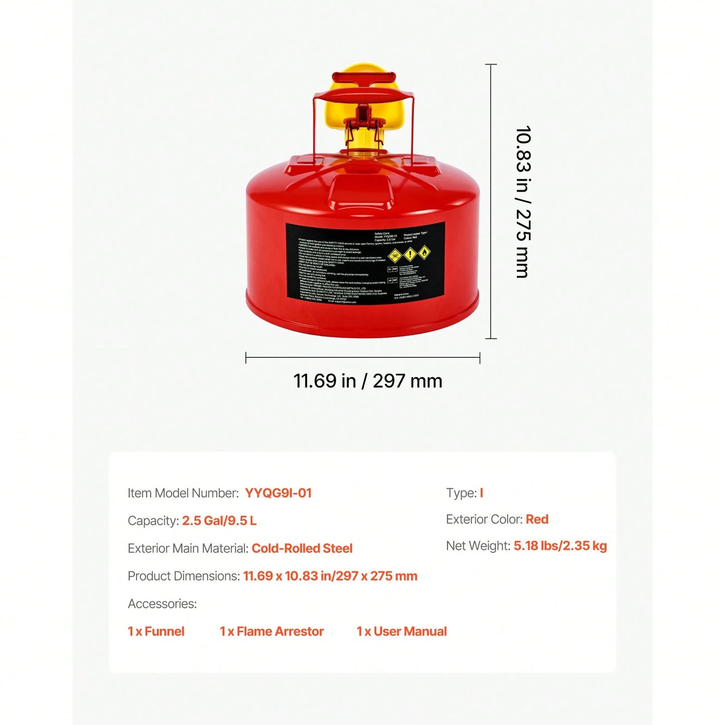 Safety Gas Can, 2.5 Gallon Type I Red Safety Can For Gasoline With Stainless Steel Flame Arrester, Self-Closing Lid, And PE Funnel, Carbon Steel Flammable Storage Container With Ergonomic Handle